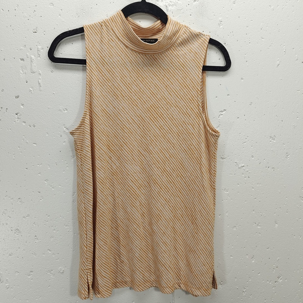 Banana Republic Womens‎ Tank Top Medium Yellow Stripe Mock Neck Sleeveless Shirt